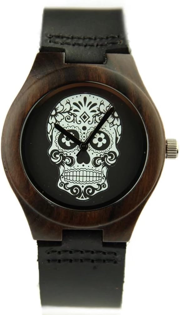 Wood Watch, FENDINA Natural Wooden Bamboo Watches for Couples with Leather Band Handmade Vintage Skull Seriers (Halloween Gorgeous Skull)