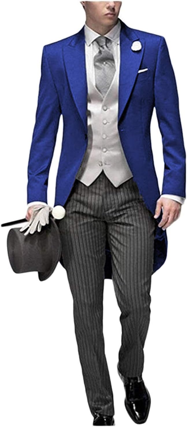 JYDress Mens Tail Tuxedo 3 Pieces Tailcoat Suit Gray Groom Tuxedos Wedding Suit