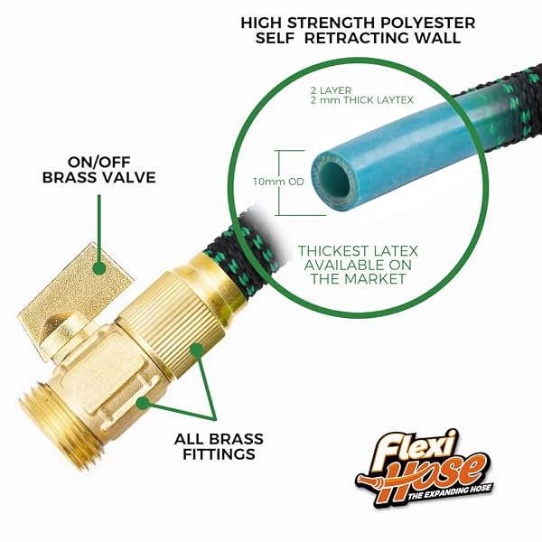 FLEXI HOSE WITH 8 FUNCTION NOZZLE, 150FT – LIGHTWEIGHT EXPANDABLE GARDEN HOSE, NO-KINK FLEXIBILITY, 3/4 INCH SOLID BRASS FITTINGS AND DOUBLE LATEX CORE – BLACK AND GREEN