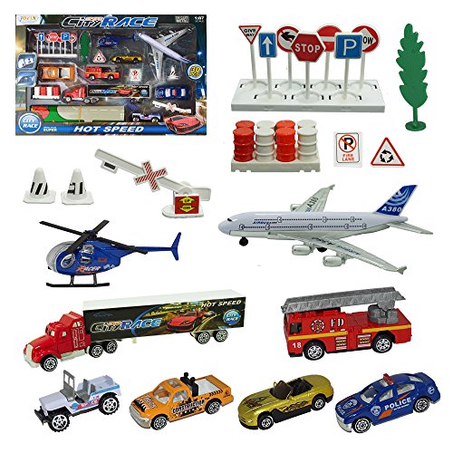 QOOLSHOW City Vehicles Cars Educational Play Gift Set Including 8 Vehicles, Road Signs, Accessories and a Play Map-Great Toys Gift