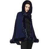 SUFCOMOU Poncho Hooded Shawl Wrap Women Cape Winter Faux Fur Trim Coat Sleeveless Cardigan Dressy Cloak for Party