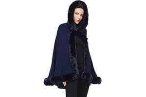 SUFCOMOU Poncho Hooded Shawl Wrap Women Cape Winter Faux Fur Trim Coat Sleeveless Cardigan Dressy Cloak for Party