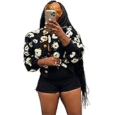 OLAMIOSO Women's 3D Flower Cropped Bomber Jacket Button Down Varsity Jackets