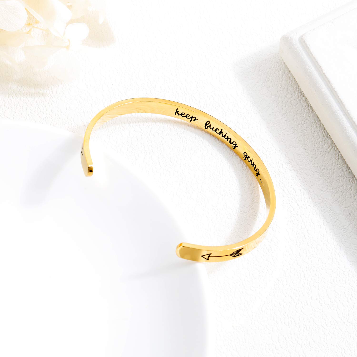 GAGAFEEL Inspirational Bracelet Mantra Cuff Engraved Keep Going Stainless Steel Bangle Encouragement Jewelry Gift for Women Girl Teen Friends (Gold)