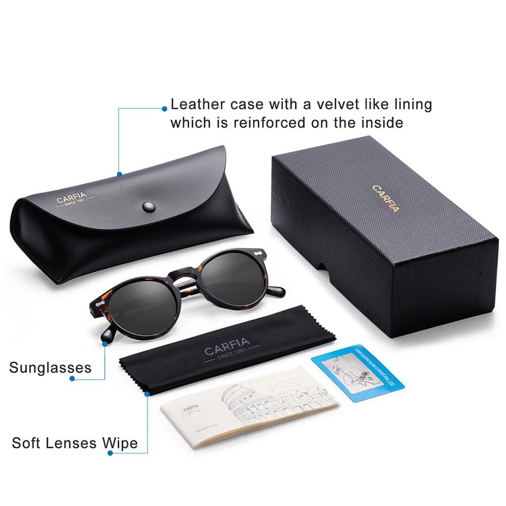 CARFIA Retro Polarized Sunglasses for Men UV400 Protection Handmade Acetate Round Frame CA5288L