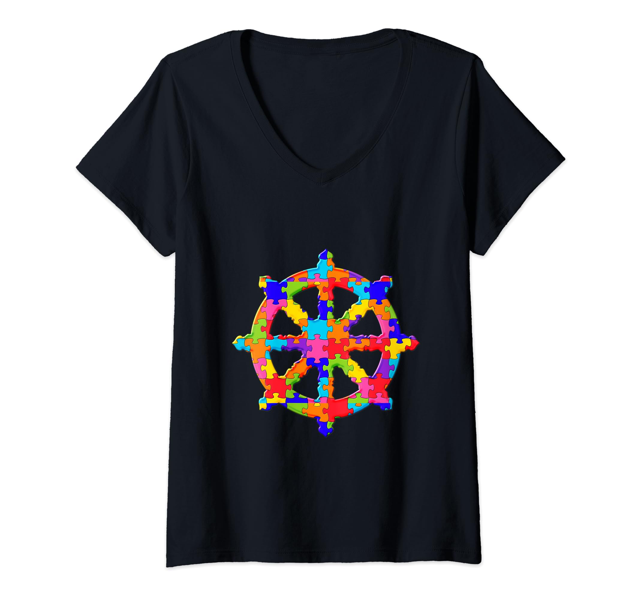 Dharmachakra Dharmarad Puzzle Autism Puzzle V-Neck T-Shirt