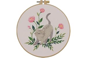Esffaci Embroidery Starter Kit for Adult Beginner with Lovely Cat Flower Pattern Stamped Cross Stitch Set with Embroidery Cloth Hoop Needle Threader Embroidery Floss and Instruction