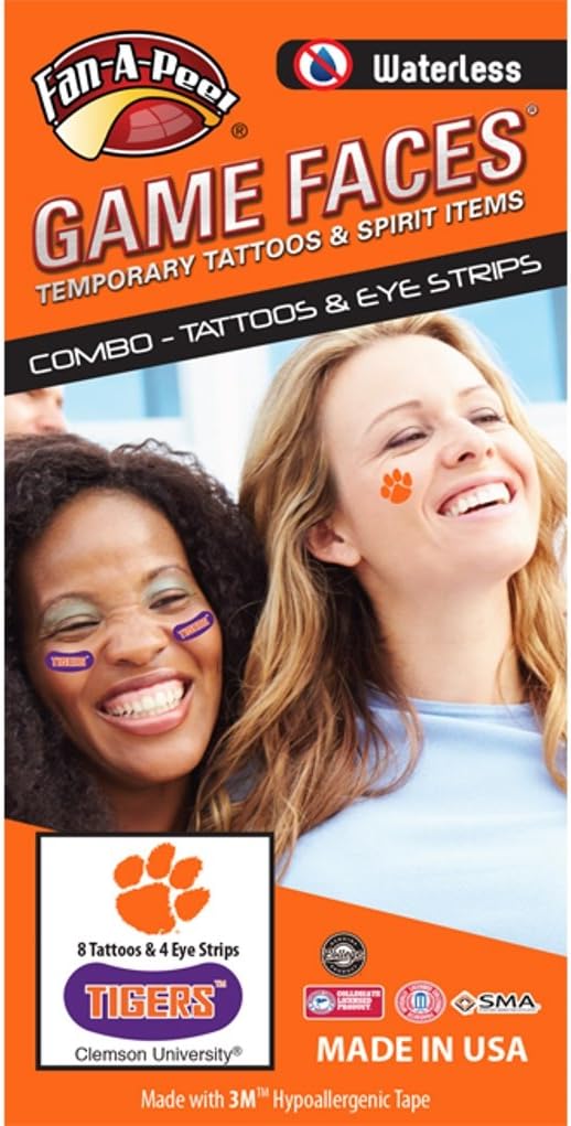 Clemson University Tigers – Waterless Peel & Stick Temporary Tattoos – 12-Piece Combo – 8 Orange Tiger Paw Logo Spirit Tattoos & 4 Orange/White Tigers on Purple Eye Strips