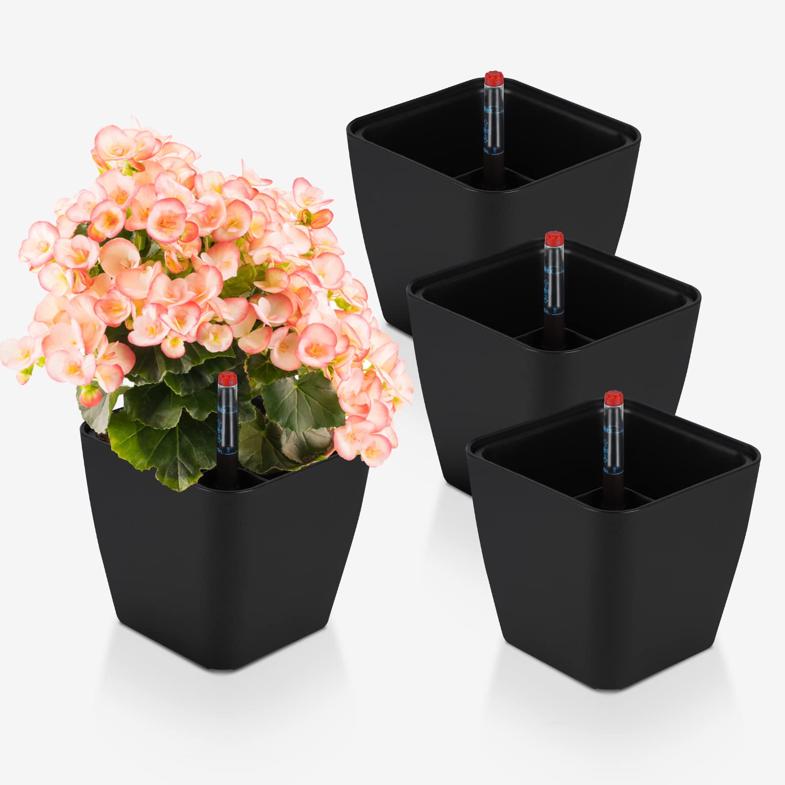 CPROSP 4-Pack Self-Watering Pots with Water Level Indicators, Black, 13.7 x 13.5 cm, Indoor/Outdoor, Modern Style, Self-Watering Plant Pot