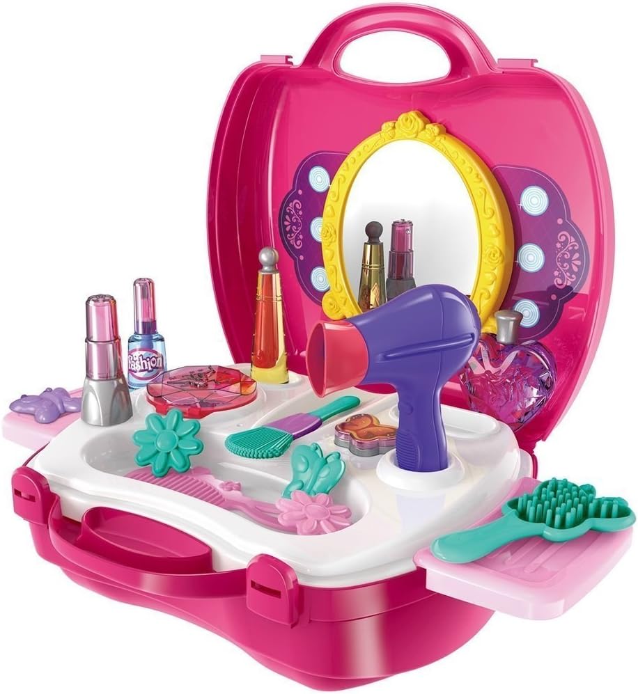 Arihant Impex Girl's Plastic Bring Along Beauty Suitcase Makeup Vanity Toy Set (Pink) - Pack of 21