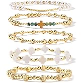 SHINUS BOHO Cross Gold Beaded Clover Pearl Bracelet Stack for Women,Bohemian Stretch Latern Beads Stackable Bracelets Set Fashion Prom Holiday Accessories Jewelry Gift Friendship