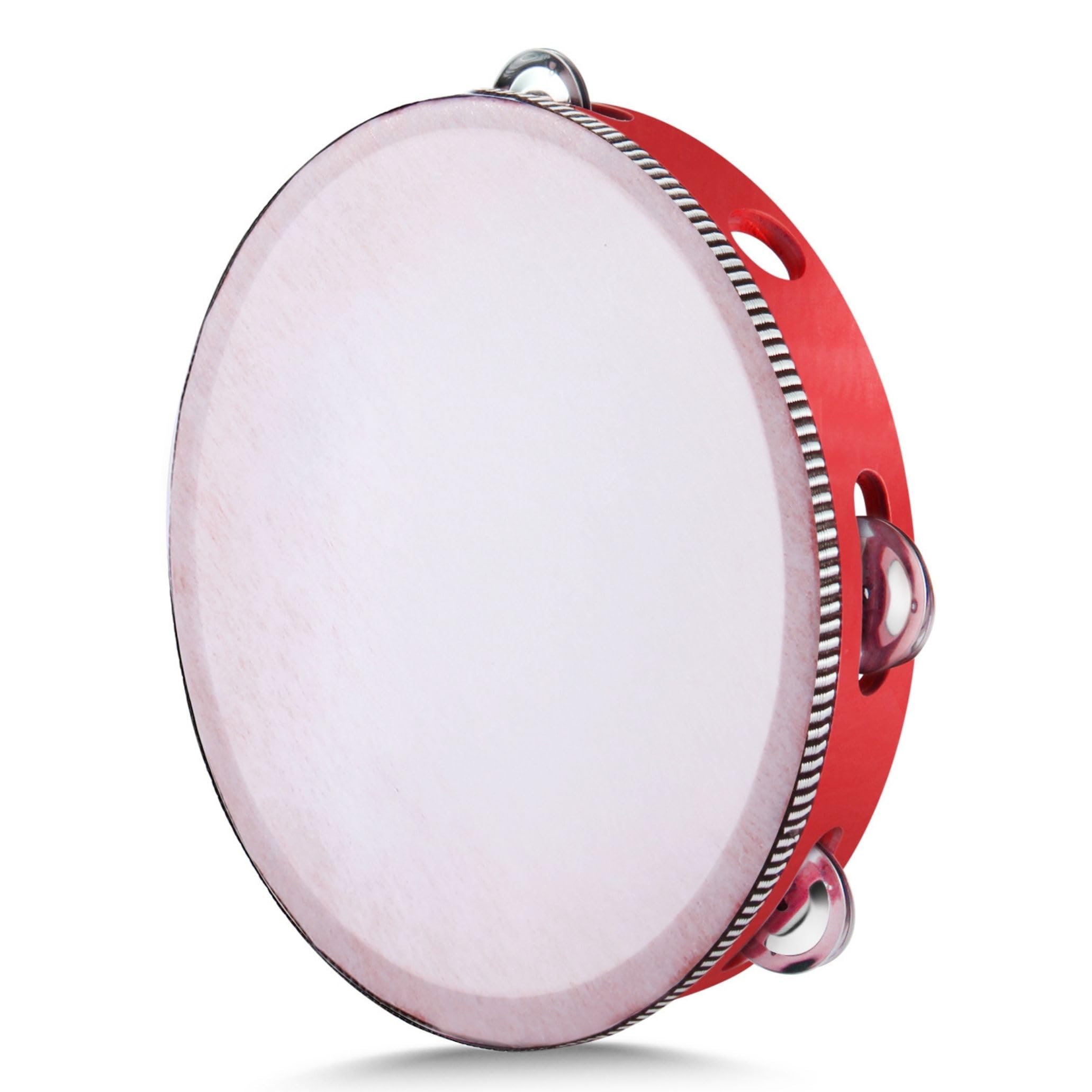 Flexzion Wooden Round Tambourine for Kids and Adults 10" Inch Single Row 8 Pair Jingles, Red Handheld Percussion Instrument for Beginner and Professional Tambourine Player
