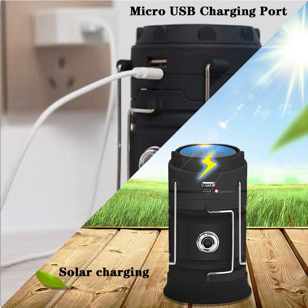 Solar Lantern Flashlights, USB Rechargeable Camping Lantern Led, Collapsible & Portable for Emergency, Hurricanes, Power Outage, Storm (Black 1) - - 