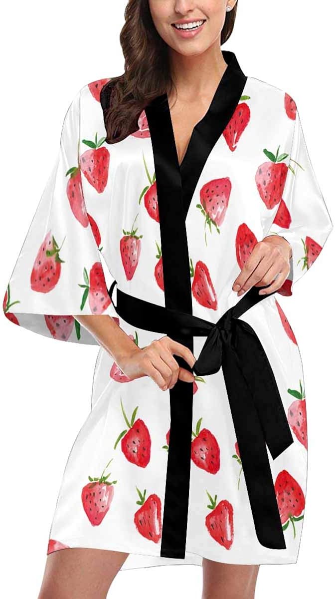Custom Watercolor Strawberries Women Kimono Robes Beach