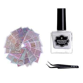 Born Pretty 12Sheets Nail Art Vinyls Stencil Stickers,15ml Peel Off Latex Liquid Tape and Picker Tweezer Manicure Set