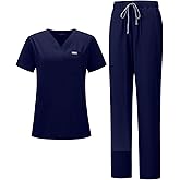 YEZEX Women's Scrub Set, V-Neck Top & Straight Leg Pants w/ 6 Pockets, Medical Scrubs Top & Pants