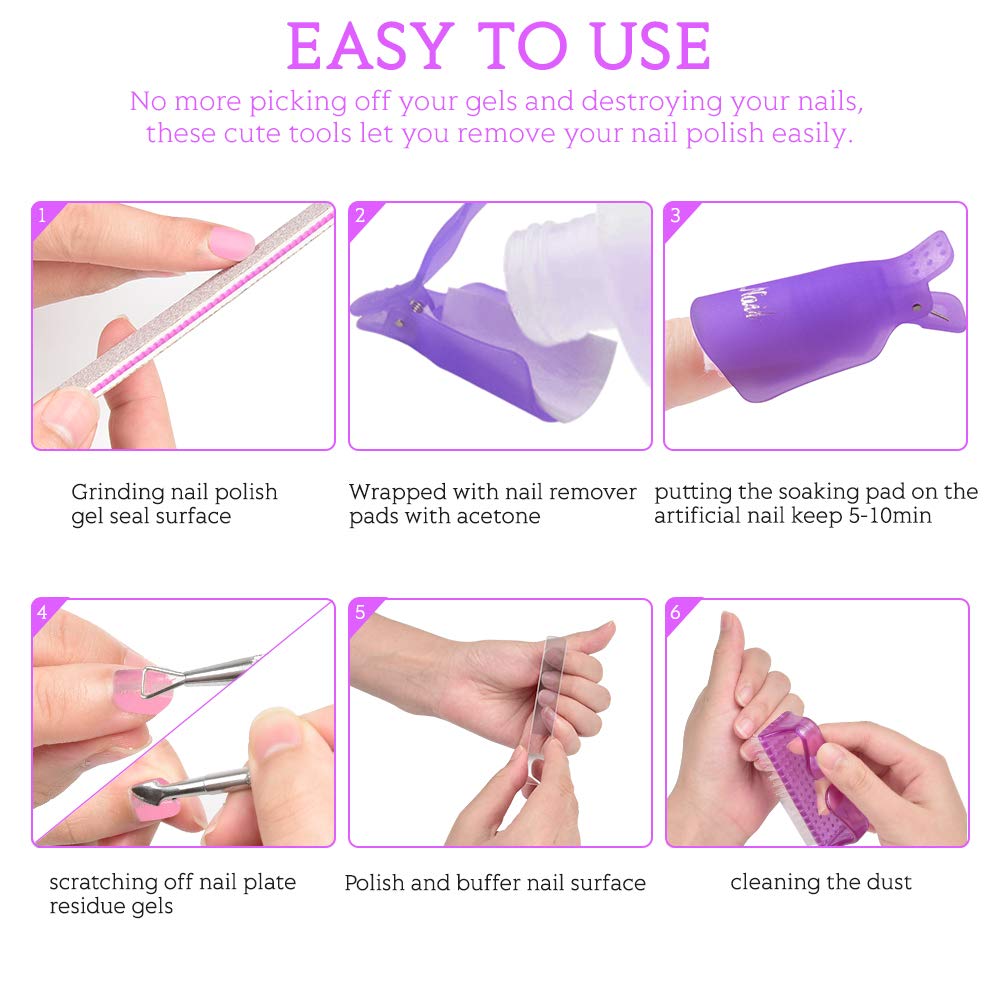 Gel Nail Polish Remover Kit, MORGLES 10pcs Nail Polish Remover Clips Cap 300pcs Nail Wipe Cotton Pads Nano Glass Nail File Cuticle Pusher Nail File Grit 100/180 and Brushes-Purple : Beauty