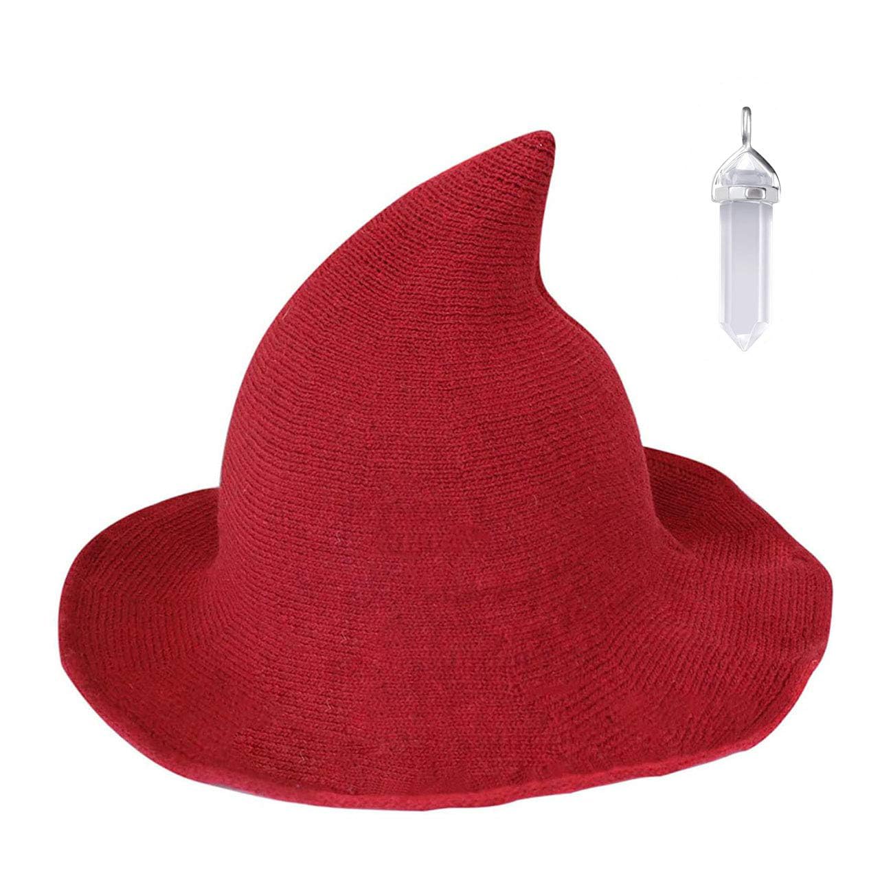 YAMEE Womens Witch Hat Wizard Kinitted-Wool Hats Adult Costume Party Accessory Halloween Masquerade Cosplay Cap (Red)