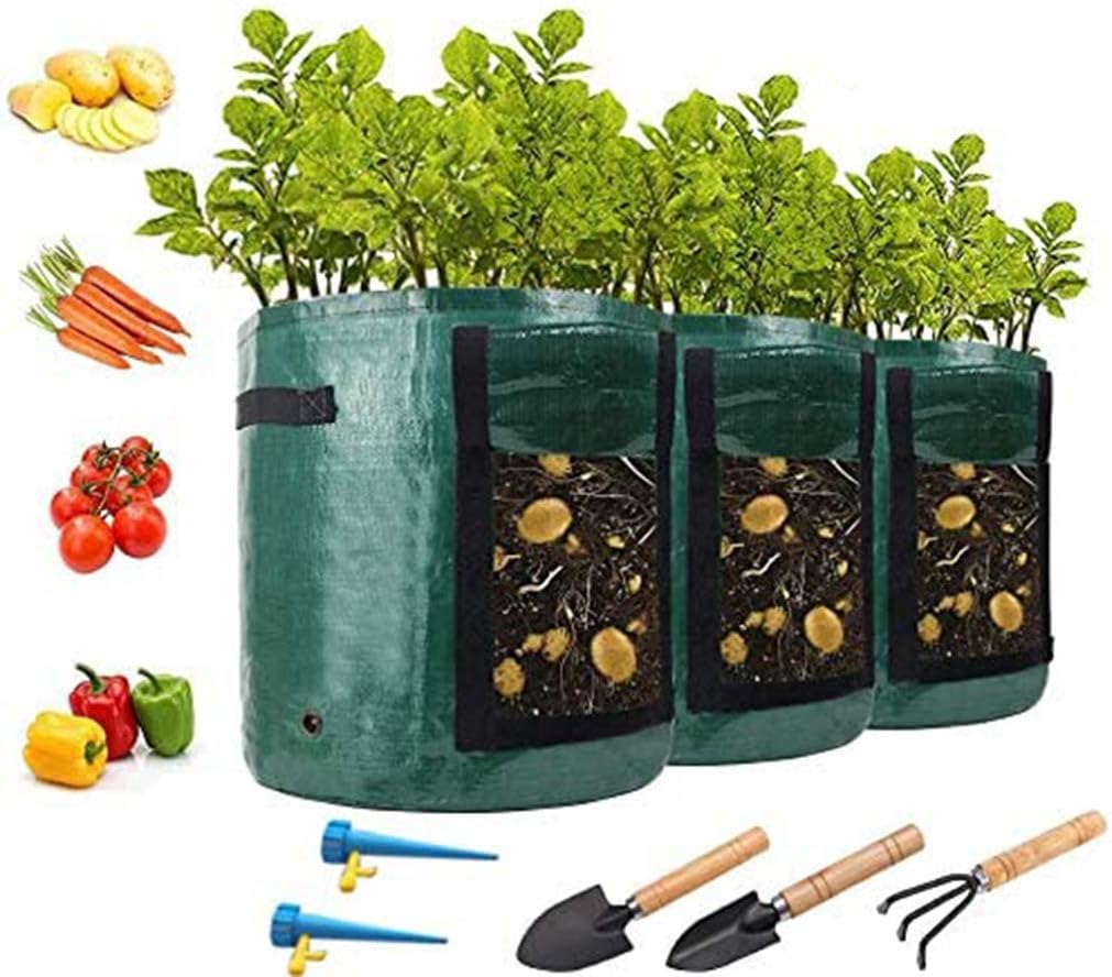 Ruiuzioong Potato Grow Bags, Garden Plant Grow Bags with Handles & Access Flap 3-Pack 7 Gallons for Vegetables, Fruits, Onion, Carrot, Home Grow Bag, Potatoes-Growing-Containers + 5 Tools (Green)