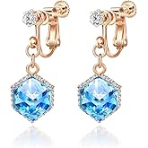 Cube Austrian Crystal Drop Clip On Dangle Earrings for Women Non Pierced 14K Rose Gold Plated Hypoallergenic Jewelry