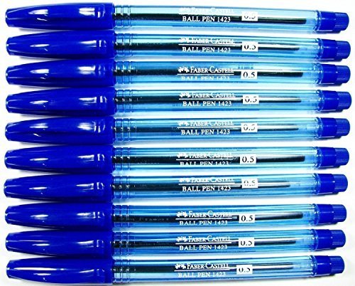 Faber-castell 10 Pens Blue Ink , Barrel 1423 Ball Point Pen Size 0.5mm.