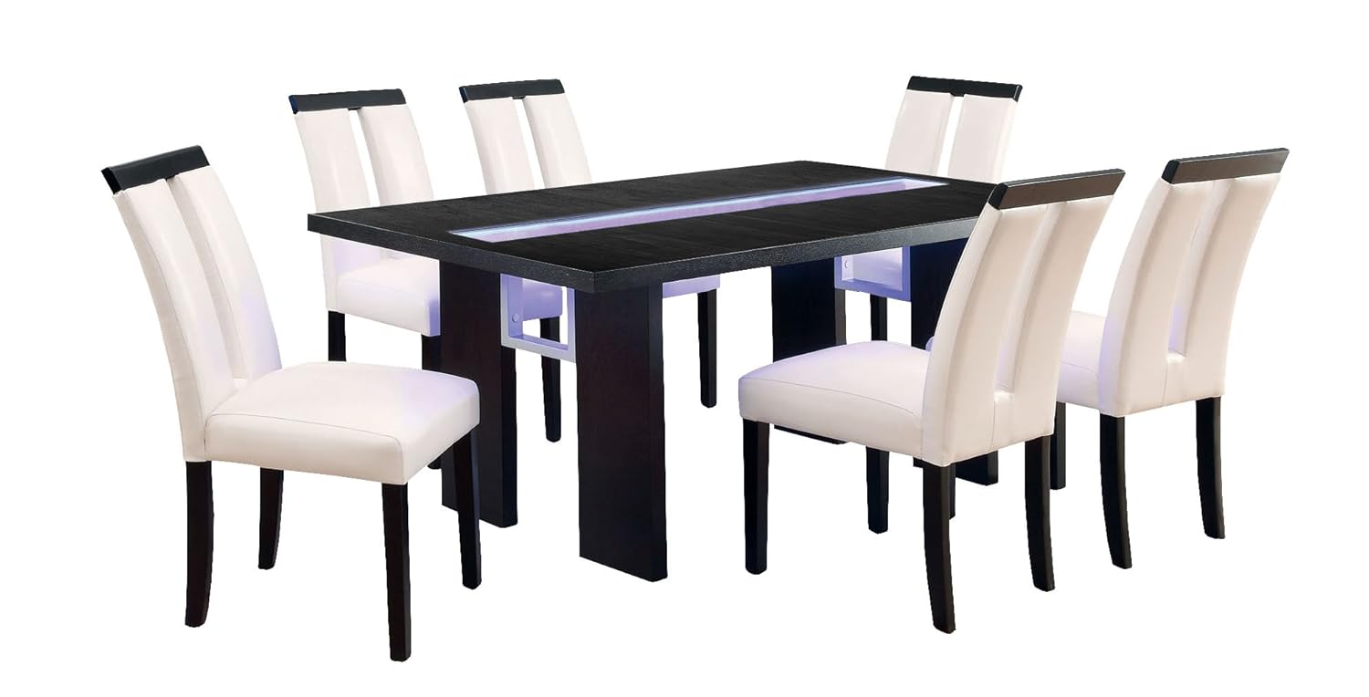 Furniture of America Brighton 7-Piece Dining Set with LED Light, Black, Ivory