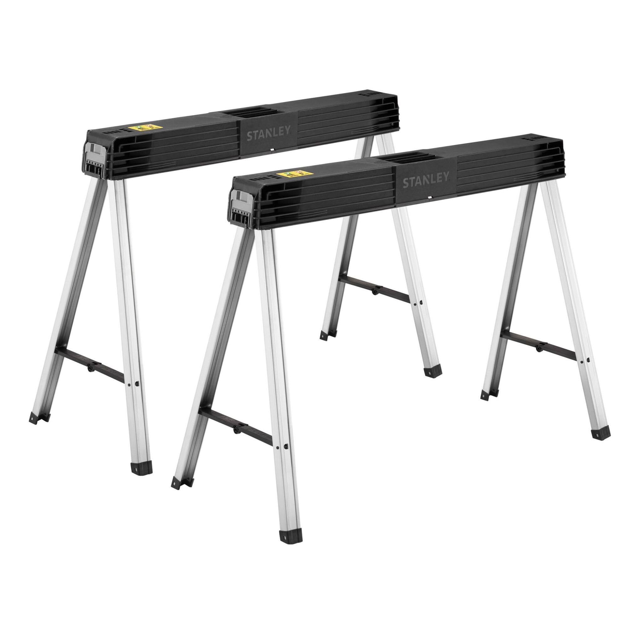 STANLEY Folding Metal Sawhorse (Pair) - Portable and Durable Workbench Solution, Folding Workbench, Expandable Workstation, 1-97-475,Black/Aluminium