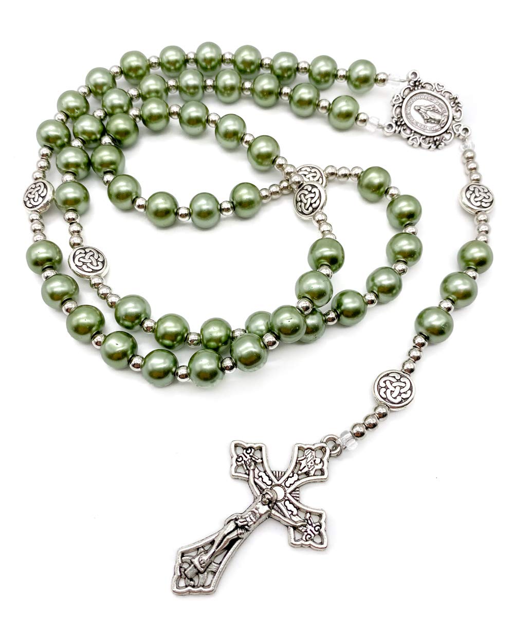 Nazareth Store Green Pearl Beads Rosary Beaded Necklace with Miraculous Medal Cross Crucifix Silver Tone Rosaries in Velvet Bag