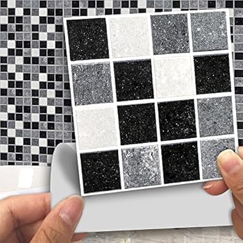 Fymural Tile Sticker for Kitchen & Bathroom Waterproof Anti-Mold Backsplash 4x4 Inch Black and White Mosaic Tile Sticker Decals for Walls Stairs Deacoration 18PCS
