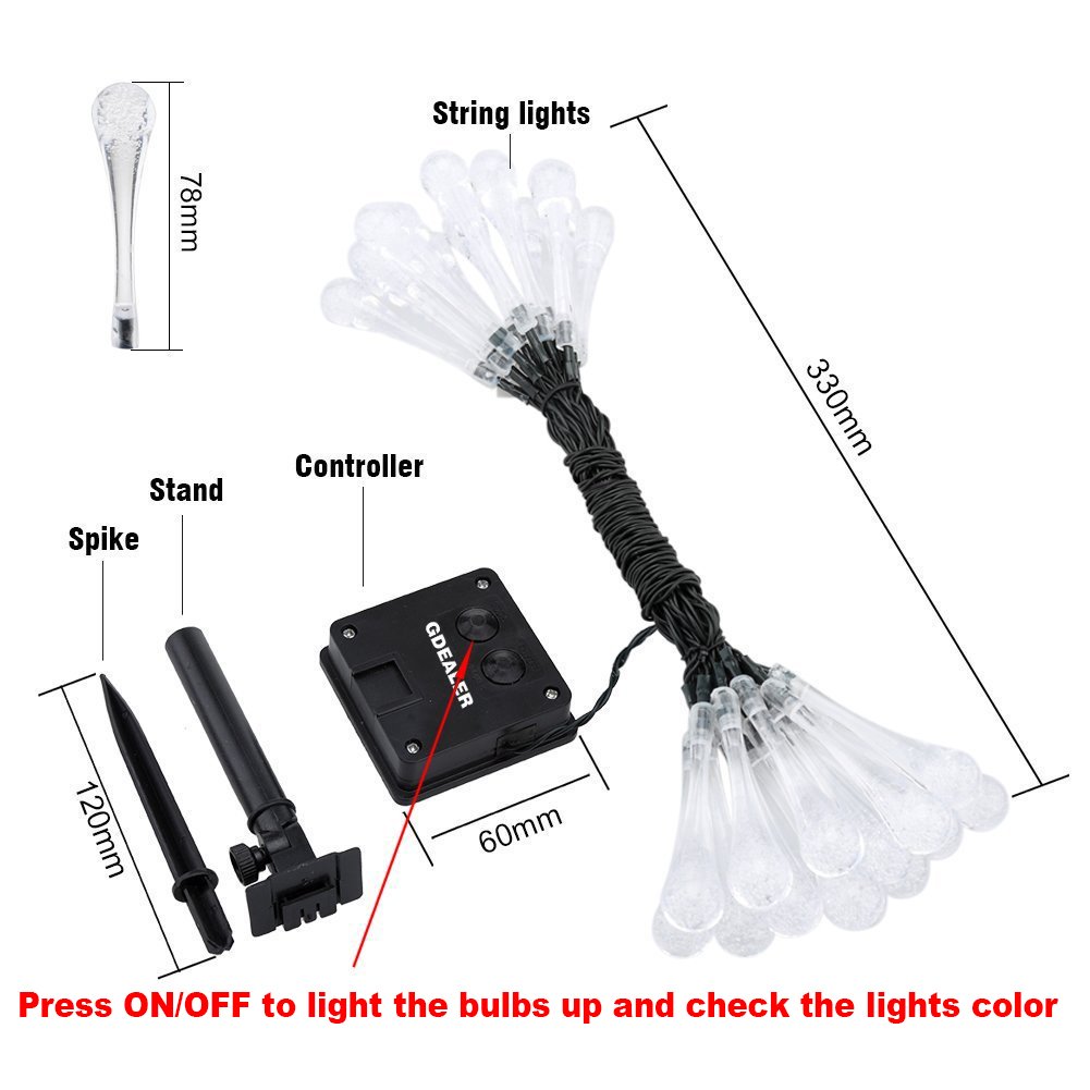 GDEALER Solar Outdoor String Lights 20ft 30 LED Water Drop Solar String