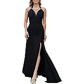 Figdaw Women's Elegant Maxi Dress Halter V Neck Side Split Ruched Ruffle Gown Formal Cocktail Party Long Dresses