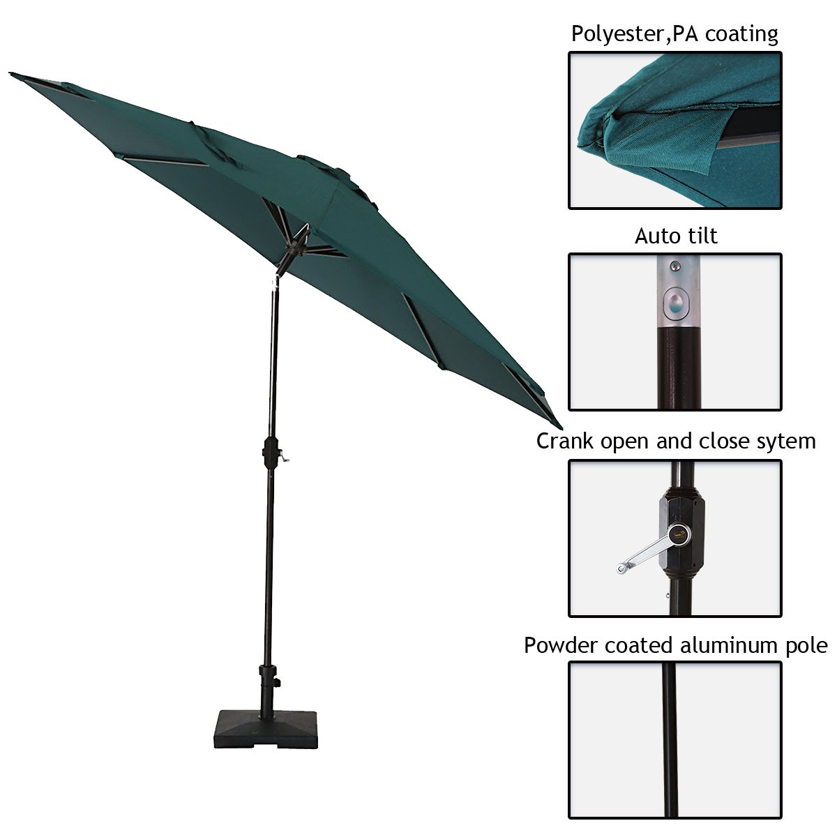 SUMBEL Outdoor Umbrella 9 Feet Aluminum Market Umbrella Table Umbrella with Push Button Tilt for Patio, Garden, Deck, Backyard, Pool, 100% Polyester, Green