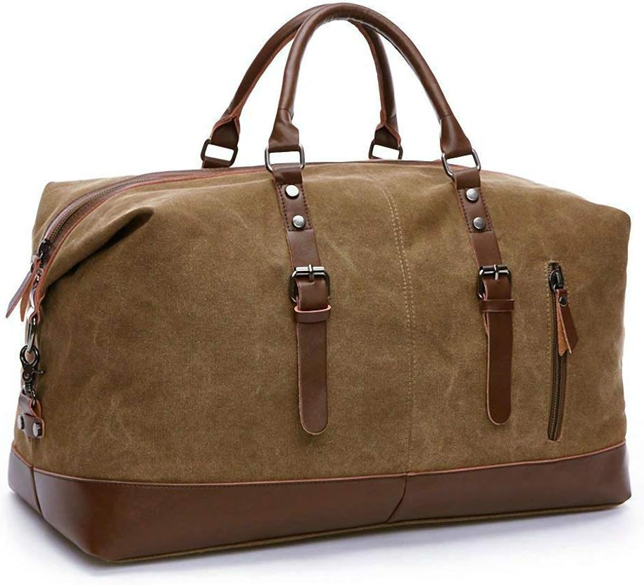 TILEMALL Oversized Canvas Holdall Travel Carry On Duffel Bags Plus Handbag Shoulder Bag Crossbody Overnight Weekend Bag Unisex Travel Holdall Handbag with PU Leather Handle (Coffee)
