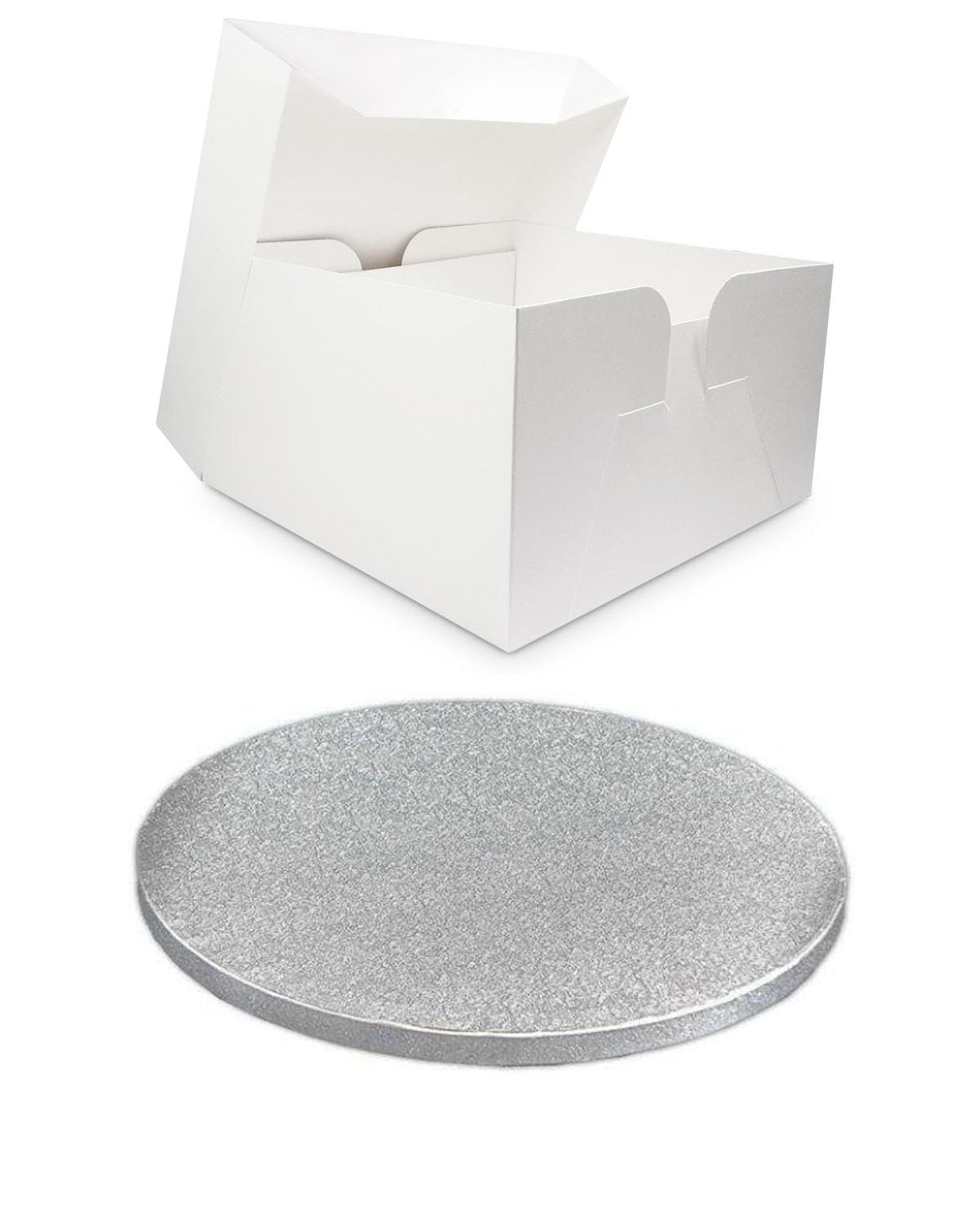 LARRYROO Single White Cake Box and Silver Round Board Pack - Thick Drum for Wedding, Party etc (10 Inches)