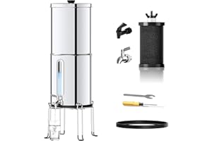 Joypur 1G Gravity-fed Water Filter System - NSF/ANSI 42&372 Certified 18/8 Stainless Steel Countertop Water Filtration System - Water Level Window, Reduce 99.9% of Chlorine, for Camping, RVs
