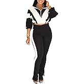 Womens 2 Piece Outfits Sets Casual Jumpsuits Track Suits for Women Set Colorblock Zip Up Cropped Jacket Pants Sweatsuits