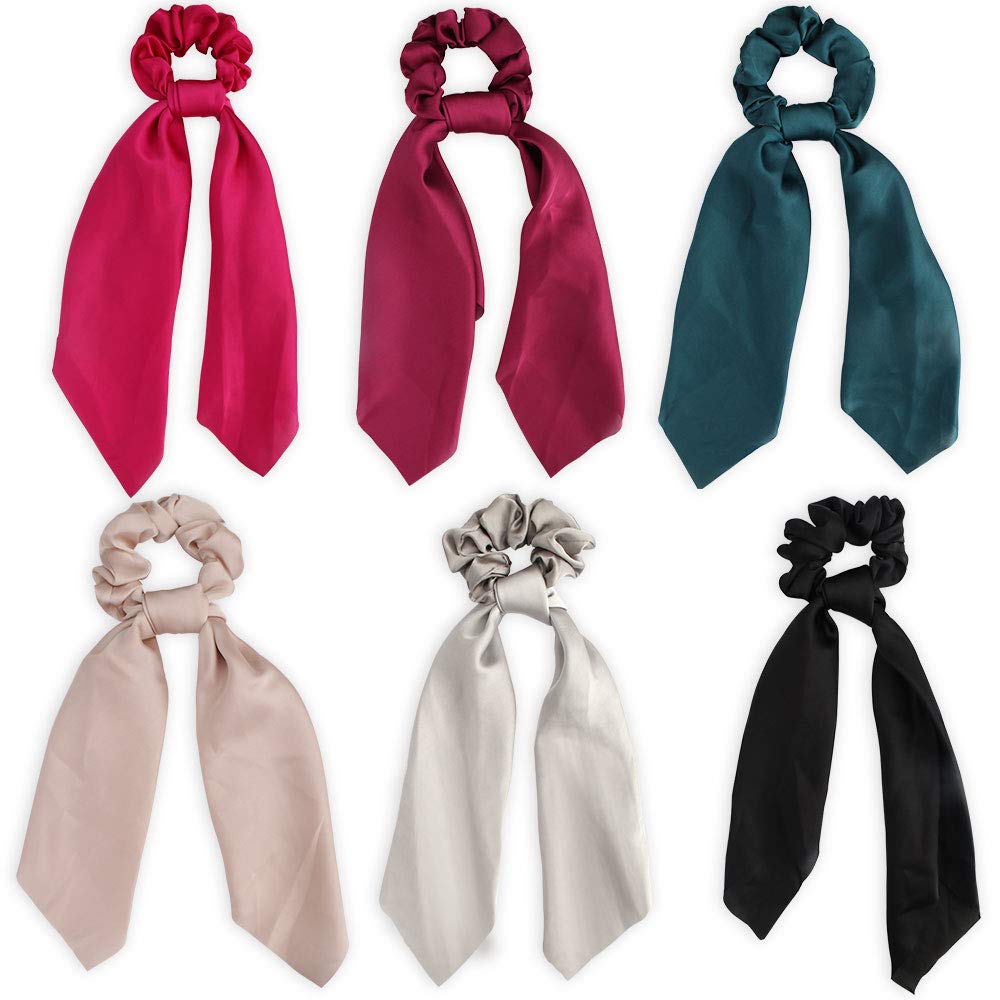 YARIEW 6 Pack Silk Satin Hair Scrunchies, Hair Scarf with Bow Silk Elastic Hair Bands Hair Bobbles Ponytail Holder for Women,6 Colors