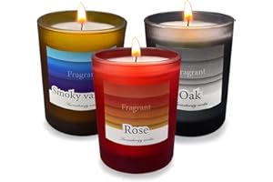 COSIKO Set of 3 Scented Candles in Colored Frosted Glass, Small Natural Soy Wax Highly Rose, Oak and Smoky Vanilla Fragarnce Votives for Home Party Gift Favors Dinner Spa Decor