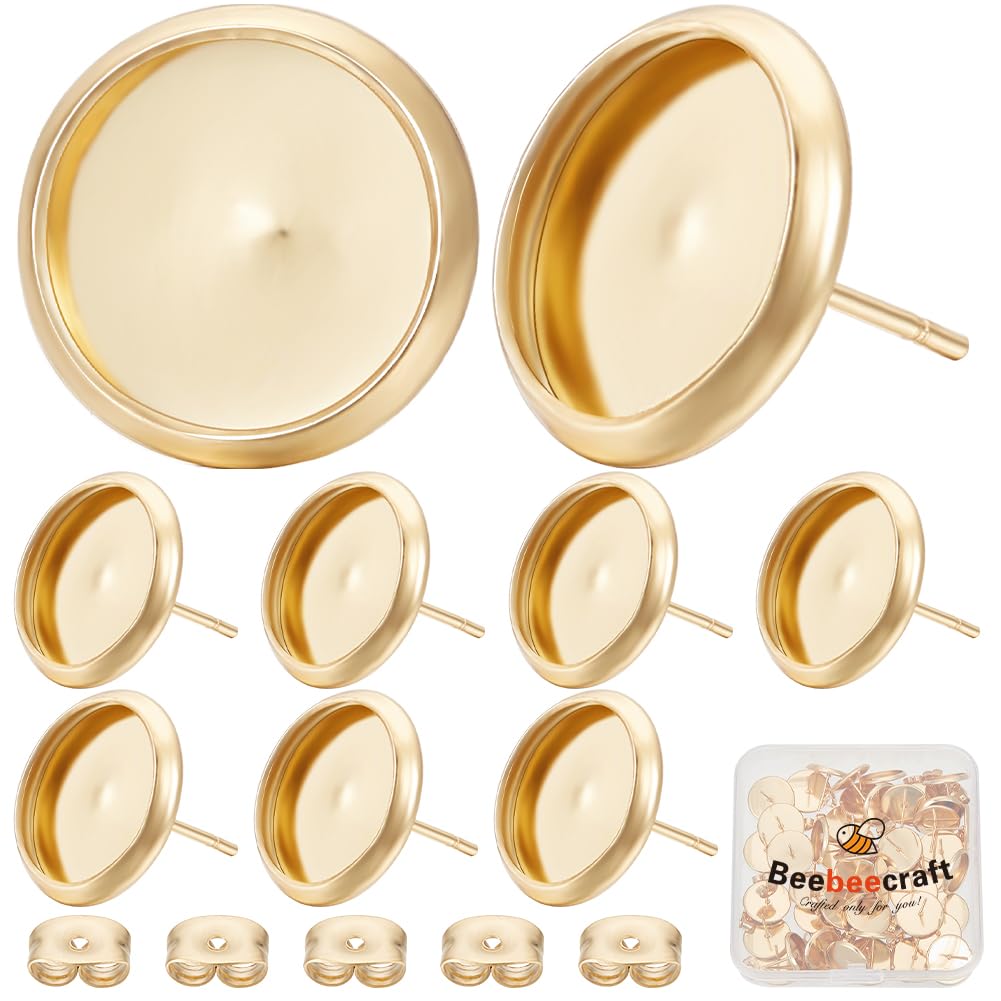 Beebeecraft 1 Box 50Pcs Earring Bezels Trays 18K Gold Plated Blanks Round Cabochon Prong Post Settings Stud Earring Findings with 12mm Tray and 50Pcs Ear Backs for Jewelry Making