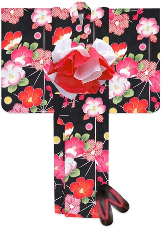 Amazon 子供浴衣セット 女の子 100 110 1 浴衣 2枚重ね兵児帯 下駄 3点セット 黒 金魚に椿 Dky01 B Set Heko 着物 浴衣 通販