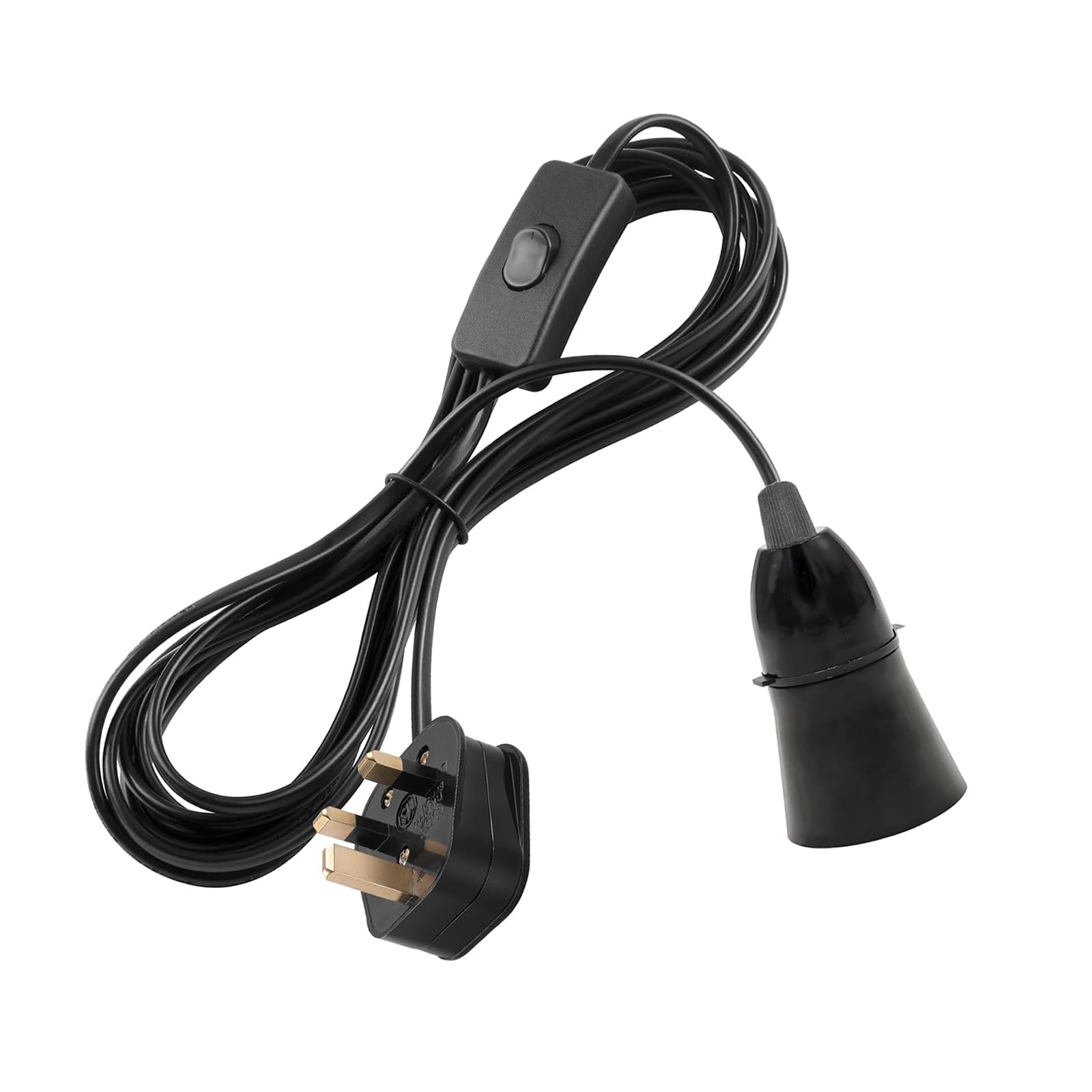 TWDRTDD B22 Bayonet Lamp Holder with Cord Switch,Phenolic BS UK Power Cord with 3 pin Fused Plug and 1.5m Wire (Black, with Switch)