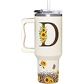 Personalized Birthday Gifts For Women - Sunflowers Monogrammed Cup For Boss Day, Christmas - Customized Gifts For Women, Mom, Wife, Coworkers, Boss Lady, Her - Custom Tumbler With Handle 40oz