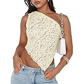 ABYOVRT Women One Shoulder Lace Top Irregular Hem Backless Crop Tops See Through Sheer Tank Tops Going Out Clubwear