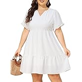 Pinup Fashion Plus Size Summer Dress - Casual Babydoll Tunic V Neck Short Ruffle Sleeve Tiered Dresses