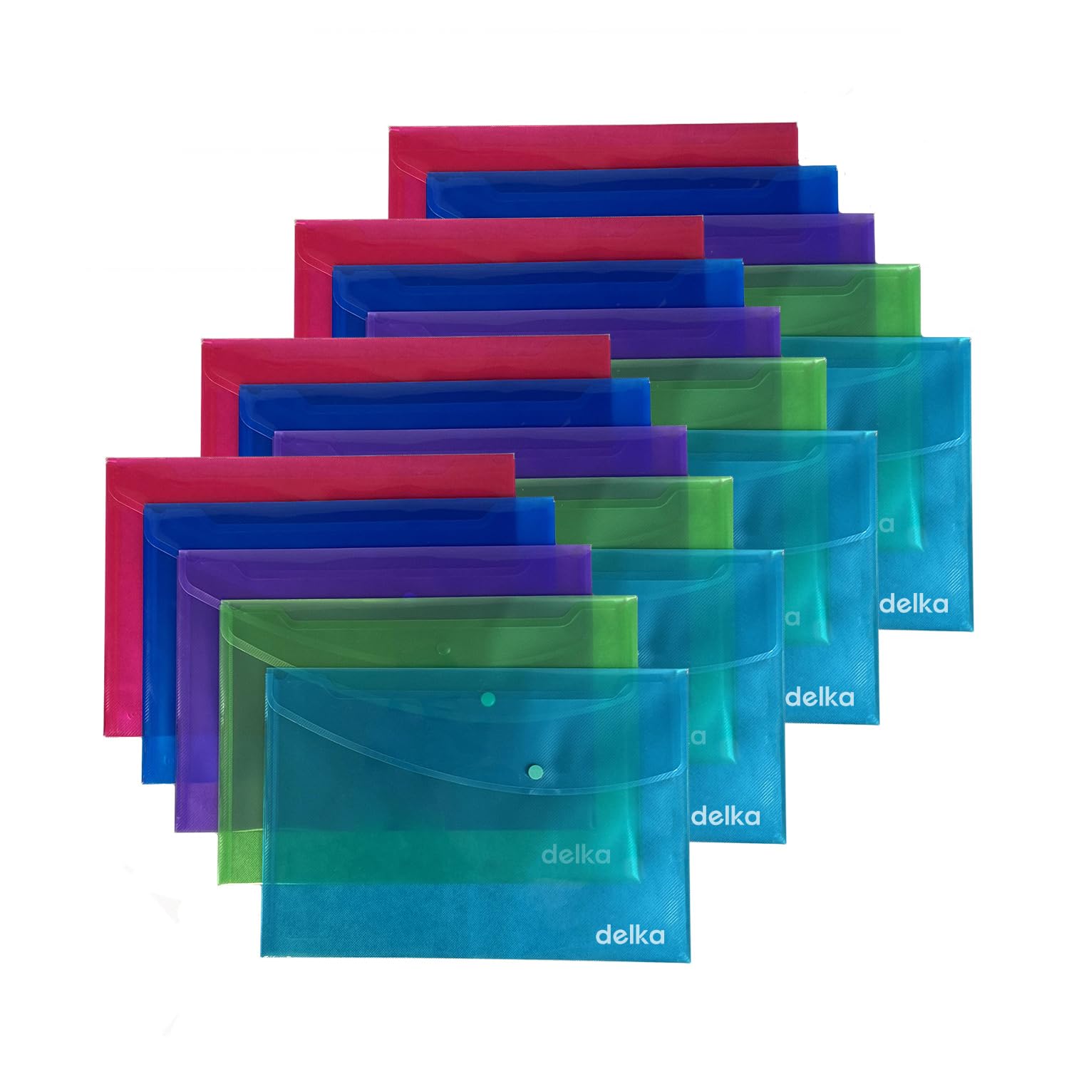 delka A4+ Popper Wallet Foolscap, Assorted Transparent Colours, Durable Document Folders, Secure Snap Closure, Tear-Resistant, Ideal for School, Office, or Home Use (Pack of 20)