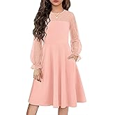 Flypigs Girl's Dress Sheer Mesh Puff Long Sleeve High Waist Party Dresses with Pockets for 6-13 Years