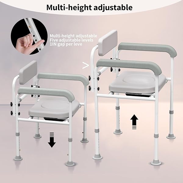 ADJUSTABLE MEDICAL BEDSIDE COMMODE CHAIR WITH PADDED BACKREST, DROP ARM SUPPORT, HEIGHT ADJUSTABLE GREY