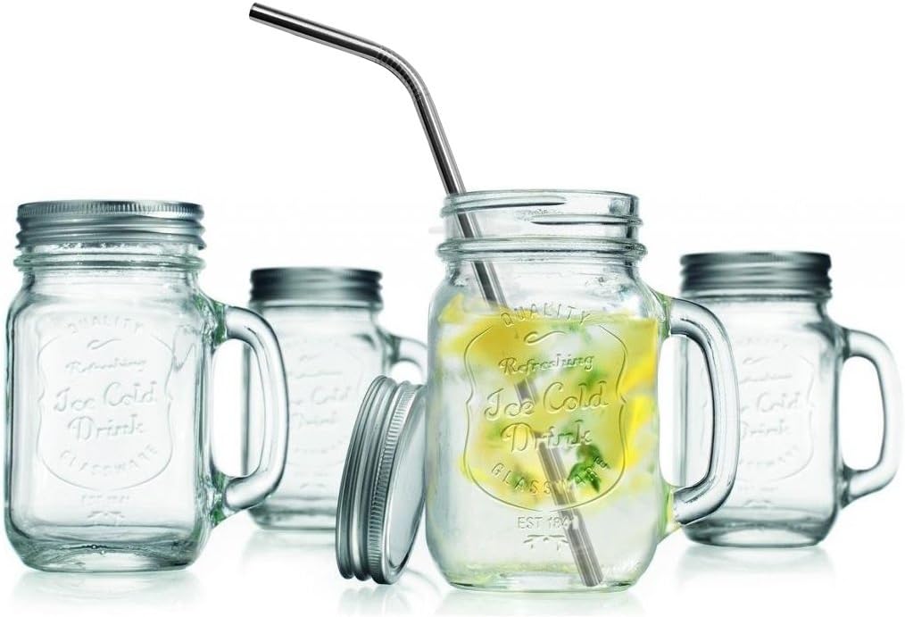 Set of 4 Clear Glass Mason Jar Beverage Mugs with Handles