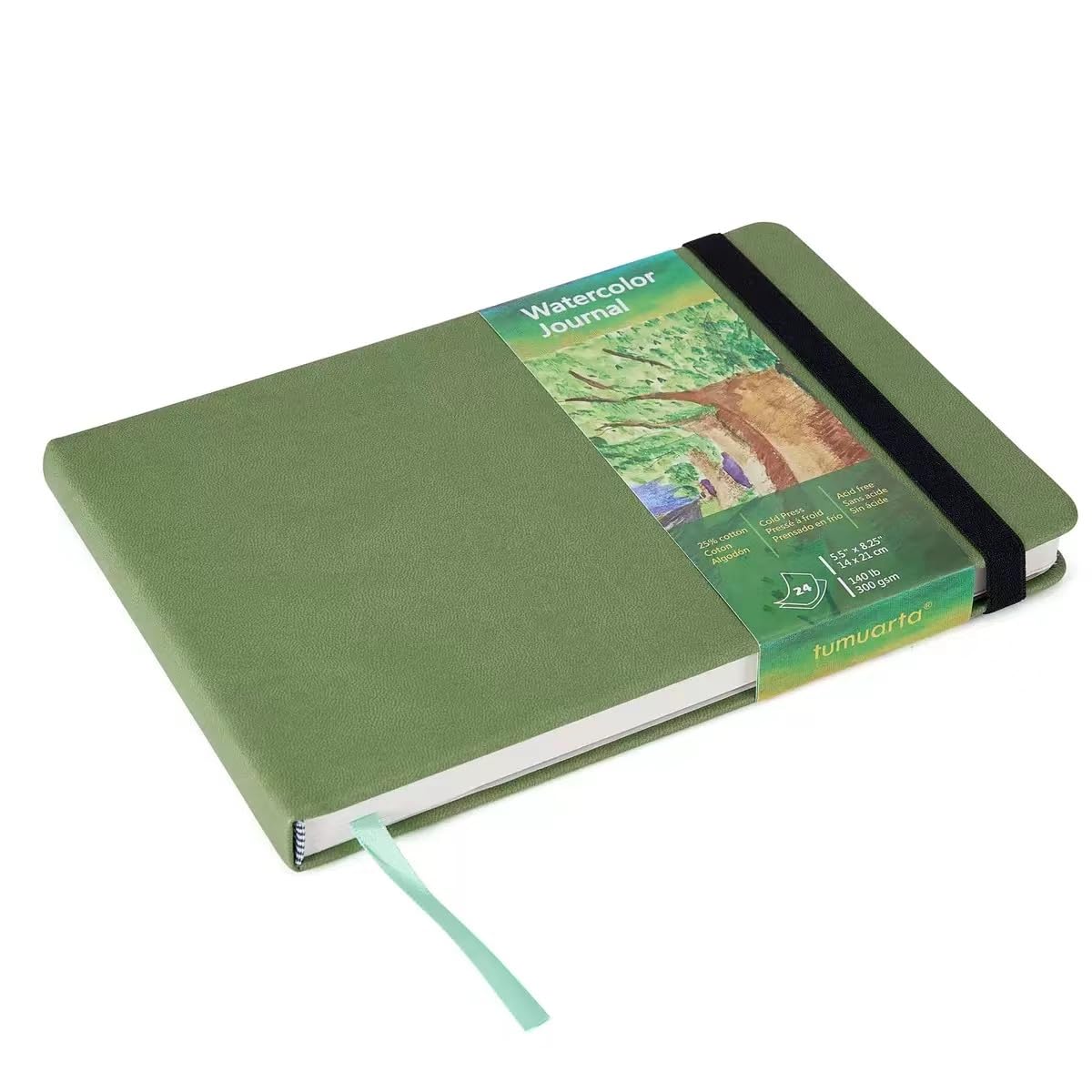 tumuarta Watercolor Journal, 14X21 CM, 300 GSM, 25% Cotton Paper, Cold Press, 24 Sheets, 48 Pages, Watercolor Paper Sketch Books for Use As Travel Mixed Media Pad On The Go (Green, 14 X 21 CM)