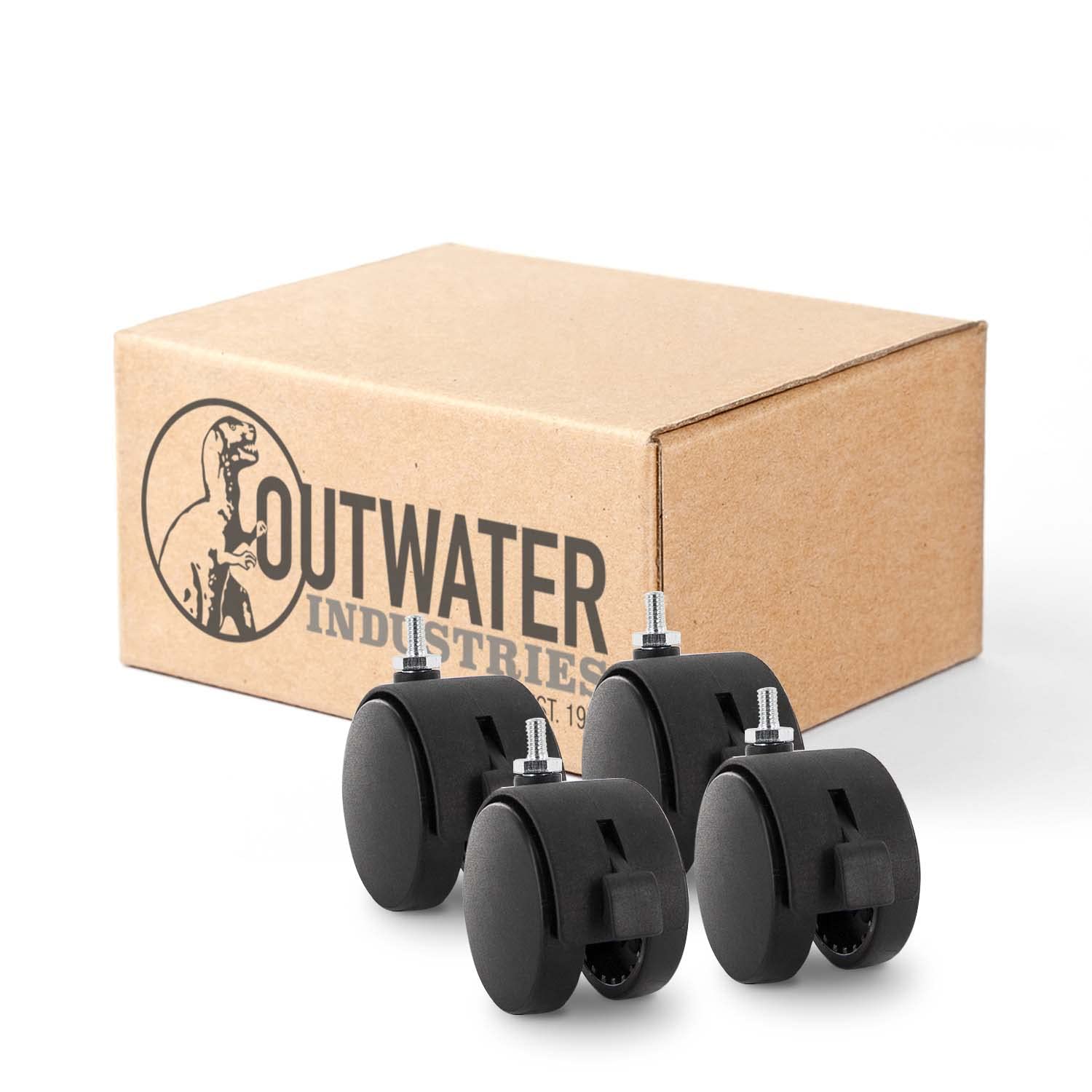 2-3/8" Wheel Diameter | Black Nylon Swivel Hooded Hercules Twin Wheel Caster with Brake | 1/4-20 x 1/2" Threaded Stem | Swivel Radius of 2-7/8" | 4 Pack by Outwater